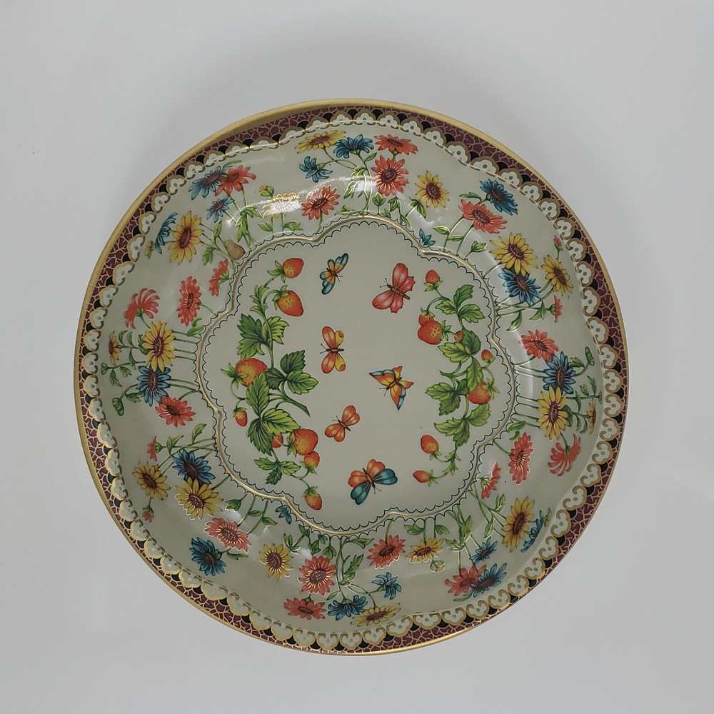 Collectible Vintage Daher 1971 ENGLAND Floral Butterfly Strawberry Tin Bowl Tray